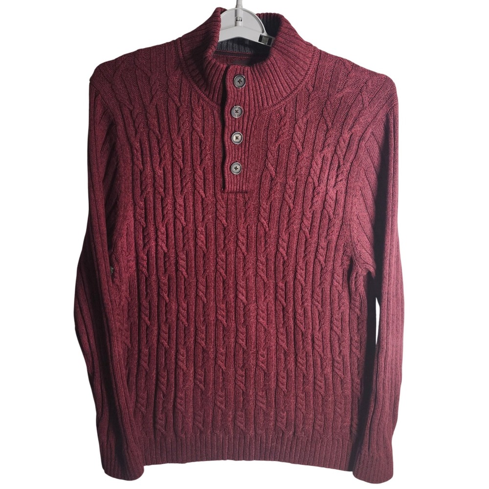 Tasso Elba‎ Men's Burgundy Cable Knit Button Mock Neck Sweater XL 100% Cotton